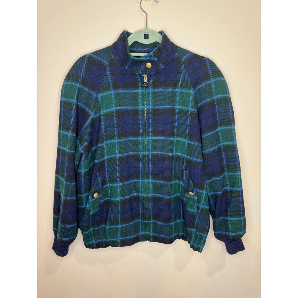 Pendleton Plaid 100% Wool Bomber Harrington Jacket Vintage Blue Green sz M USA